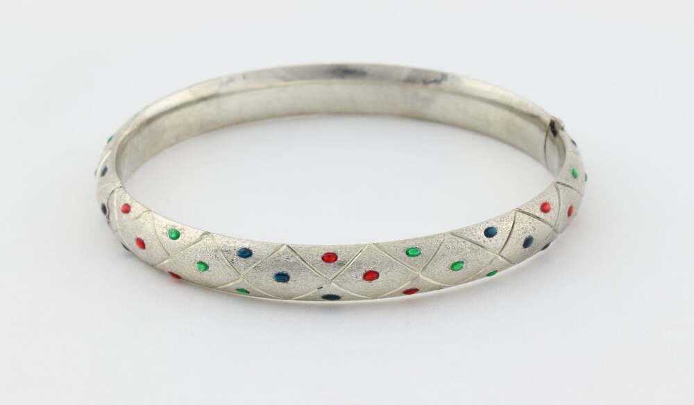 Sterling Silver Diamond Cut Blue, Green, Red Enamel Bangle Bracelet 7 1/8"